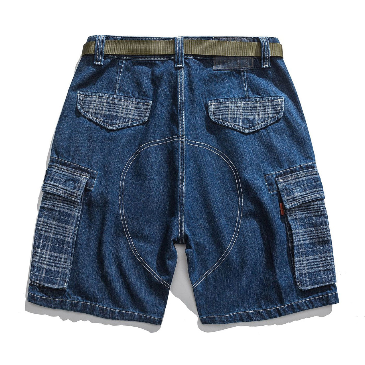 Belted check pocket denim shorts