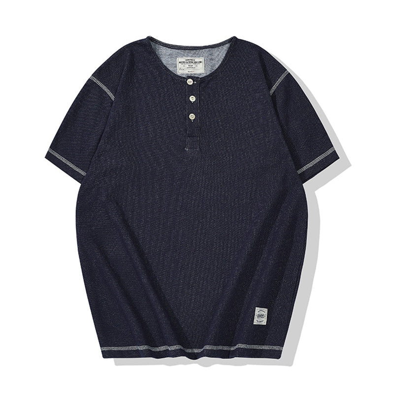 Denim knit henley neck short-sleeved T-shirt
