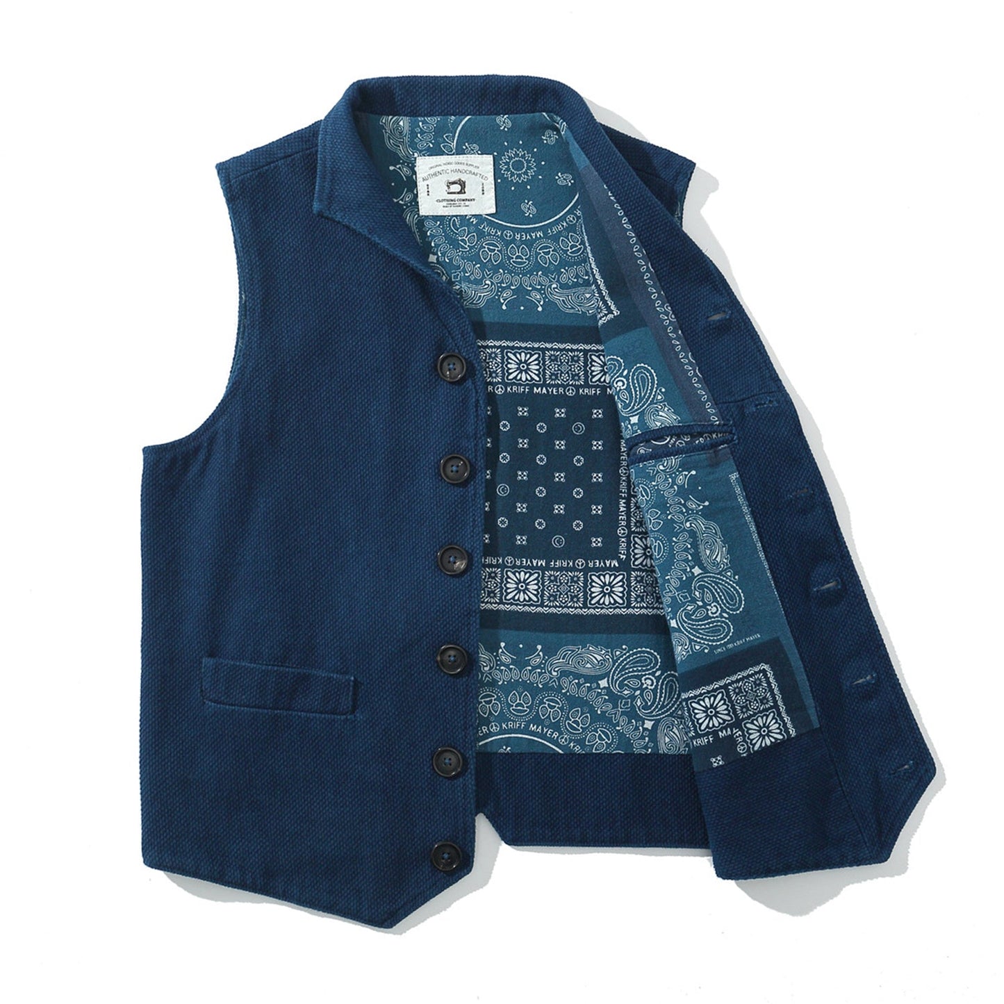 Back paisley pattern botanical indigo sashiko vest