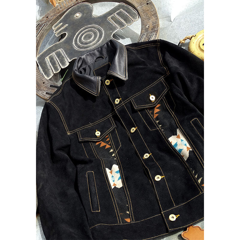 NAVAJO pattern suede jacket leather collar S-5XL