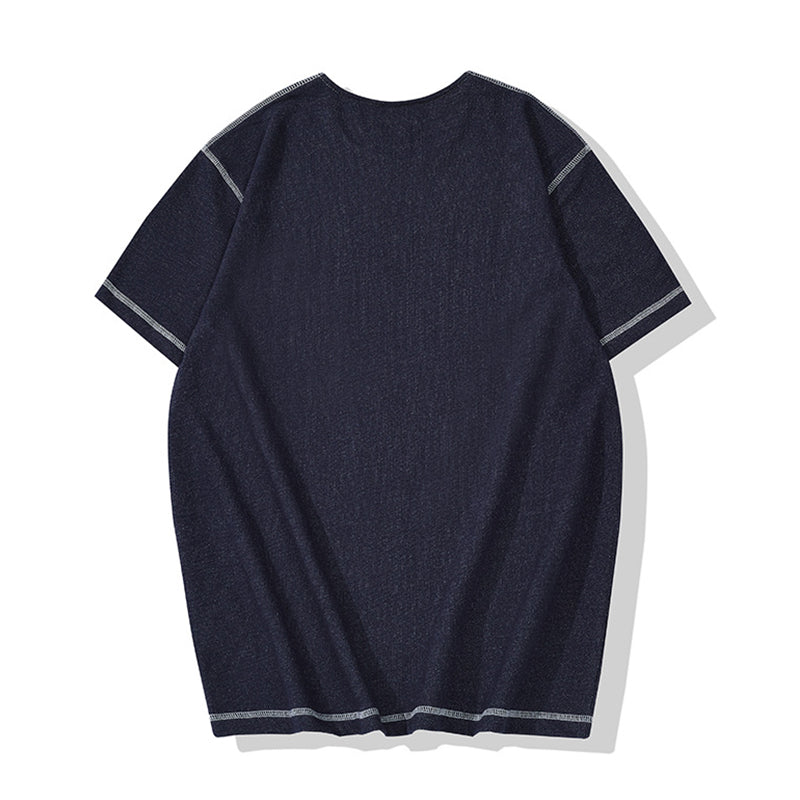 Denim knit henley neck short-sleeved T-shirt