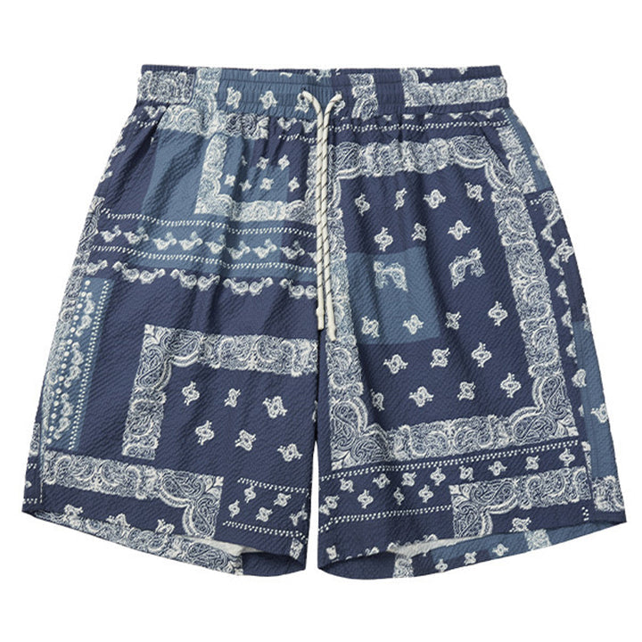 【二点セット】ペイズリー総柄シアサッカーキューバシャツ&ショーツ