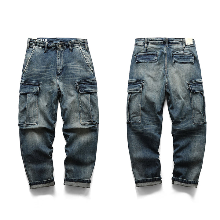 MULTI POCKET WASHED DENIM PANTS