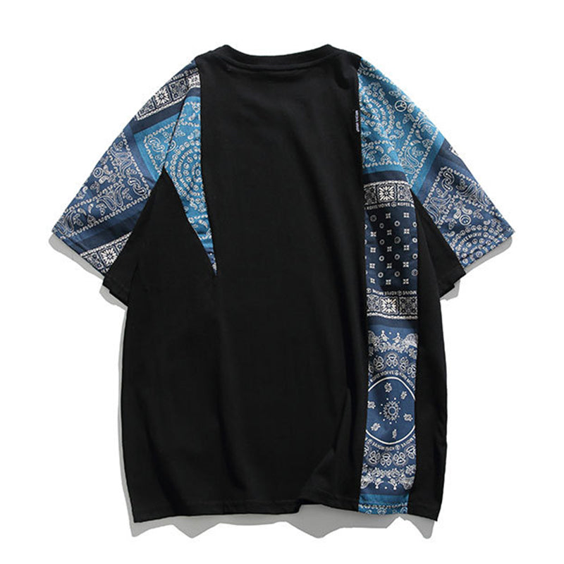 不規則ペイズリー柄切替 民族調Tシャツ