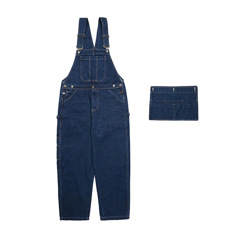 Denim overalls with removable pockets