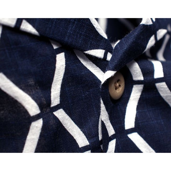 Indigo Dyed Cotton Linen Geometric Aloha Shirt