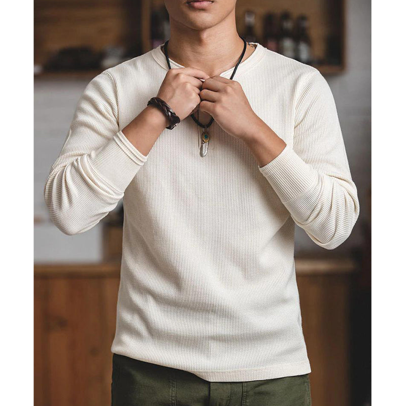 3 button waffle henley neck cut and sew