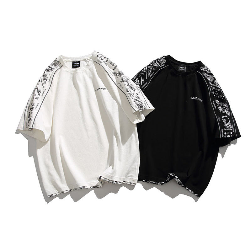 Sleeve Paisley Pattern Fake Layered Short Sleeve T