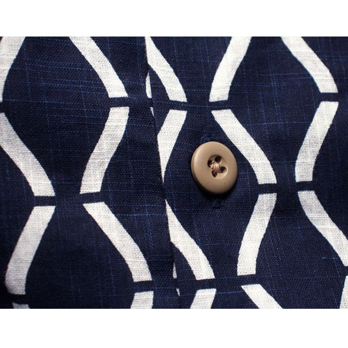 Indigo Dyed Cotton Linen Geometric Aloha Shirt