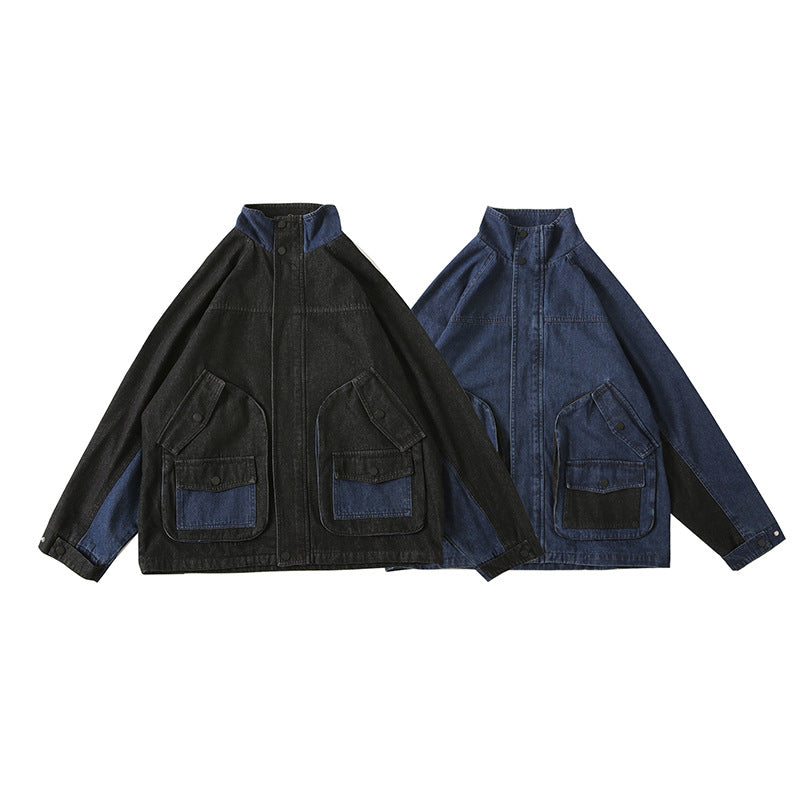 Three-dimensional pocket color scheme switching denim jacket