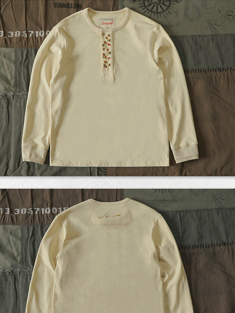 Floral embroidery cotton henley neck long T