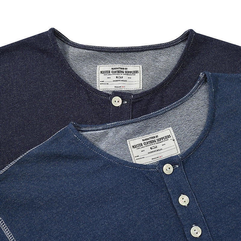 Denim knit henley neck short-sleeved T-shirt