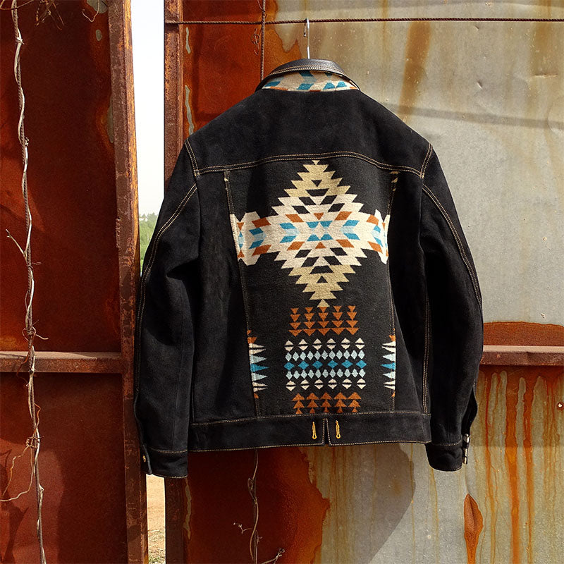 NAVAJO pattern suede jacket leather collar S-5XL