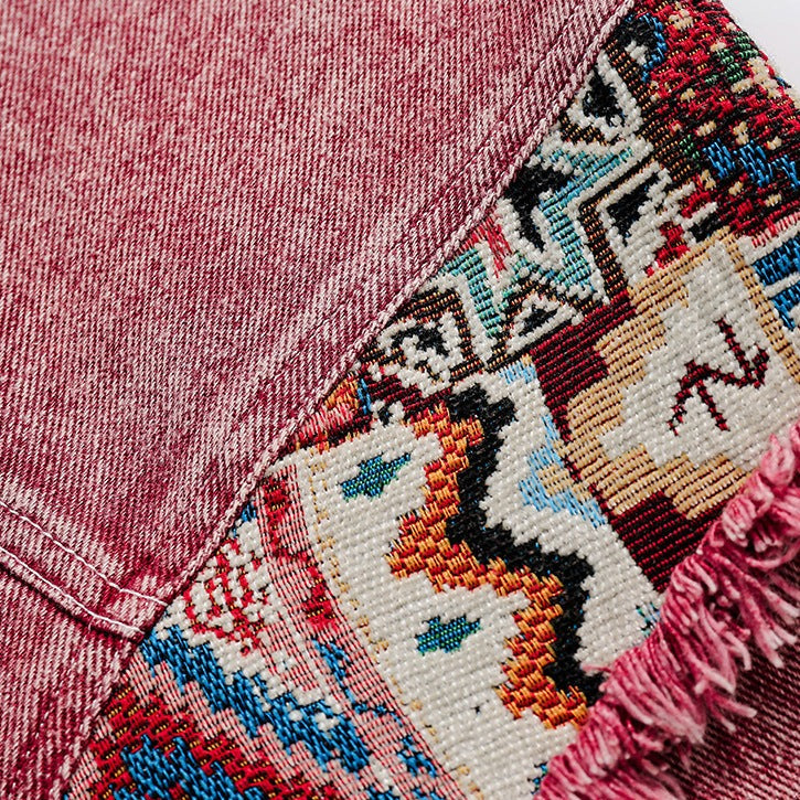 Ethnic jacquard patchwork denim jacket
