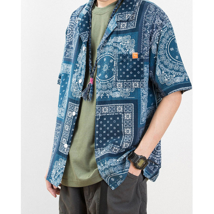 Indigo Dye Ethnic Patchwork Cashew Nut Pattern Shirt
