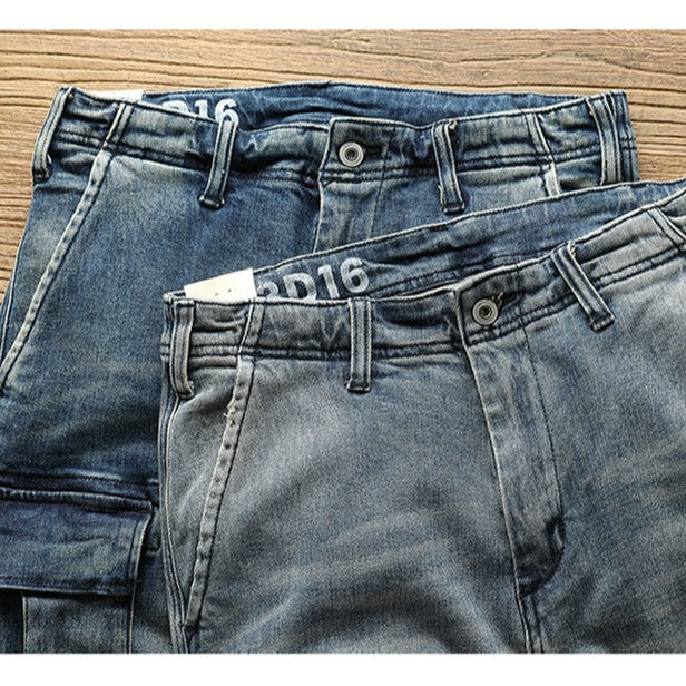 MULTI POCKET WASHED DENIM PANTS