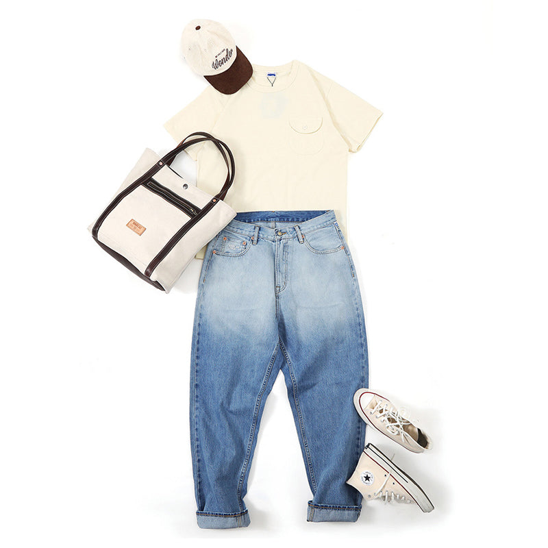 Gradation red selvage denim pants with back print