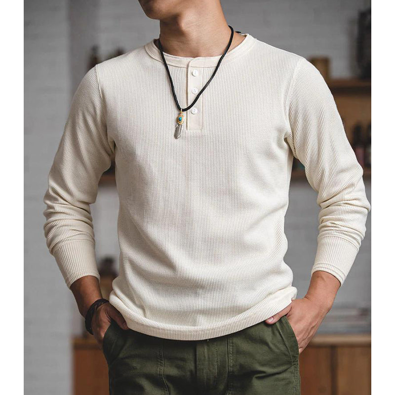 3 button waffle henley neck cut and sew