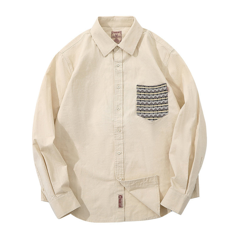 Ethnic Pattern Pocket Kibata Material Washed Shirt