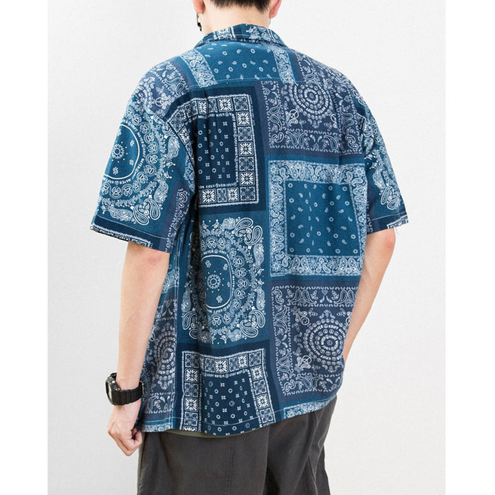 Indigo Dye Ethnic Patchwork Cashew Nut Pattern Shirt