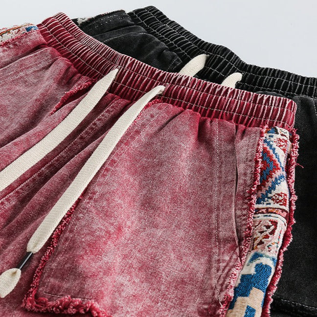 Ethnic jacquard patchwork denim shorts
