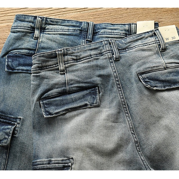 MULTI POCKET WASHED DENIM PANTS