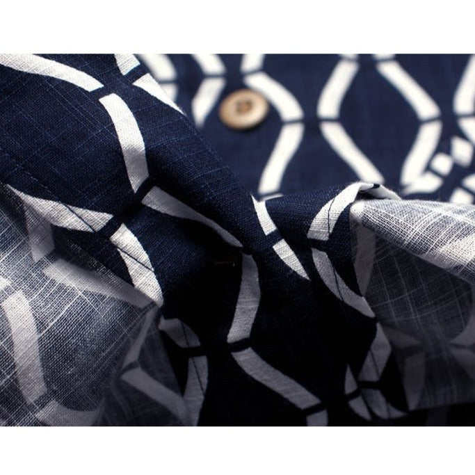 Indigo Dyed Cotton Linen Geometric Aloha Shirt