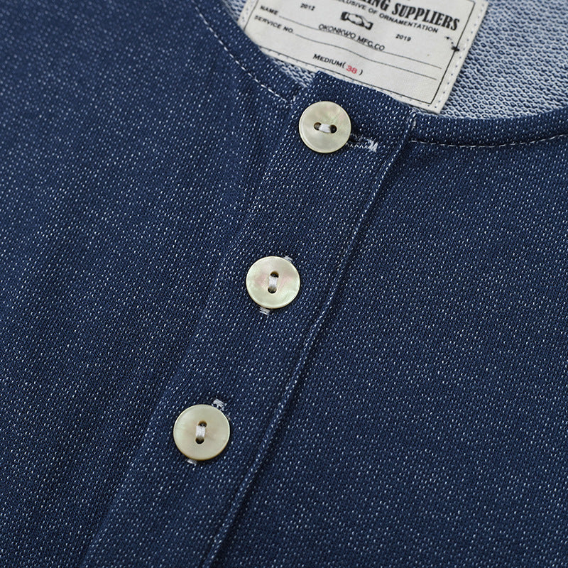 Denim knit henley neck short-sleeved T-shirt