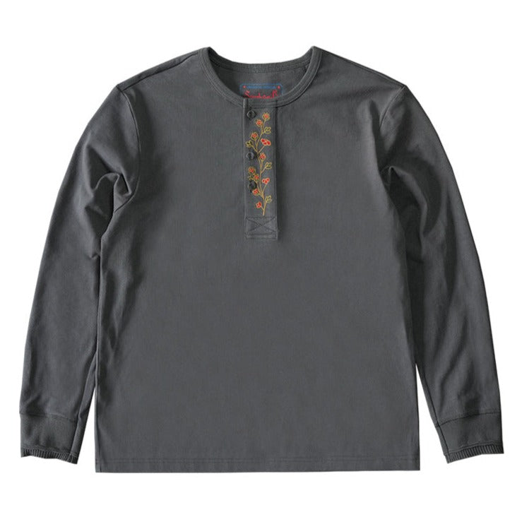 Floral embroidery cotton henley neck long T