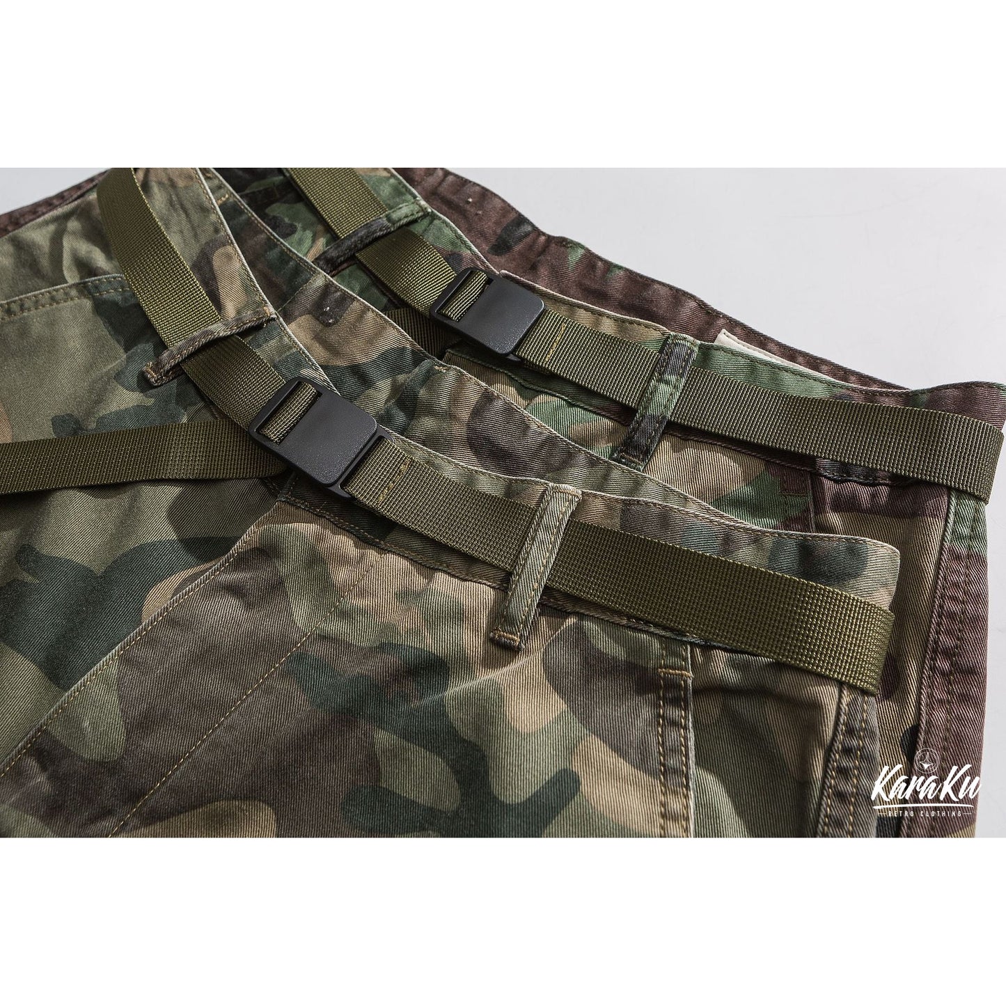 Camouflage military shorts with belt