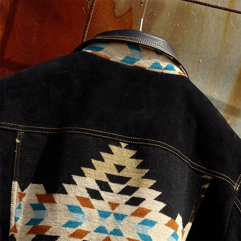 NAVAJO pattern suede jacket leather collar S-5XL