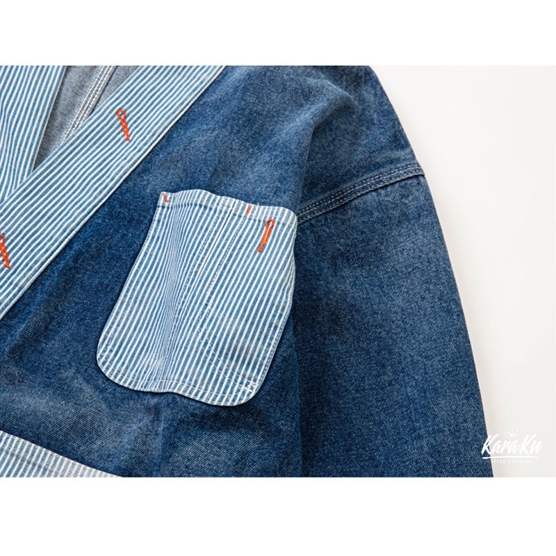 Color scheme switching stripe no-collar denim jacket