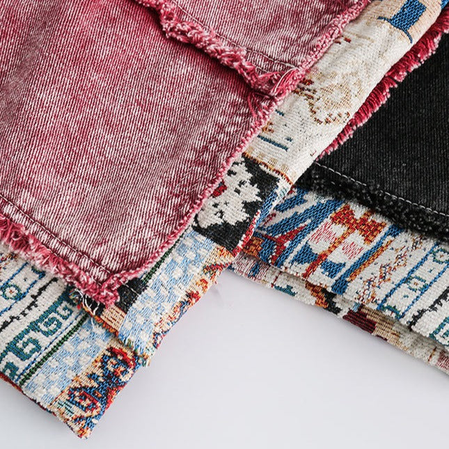 Ethnic jacquard patchwork denim shorts