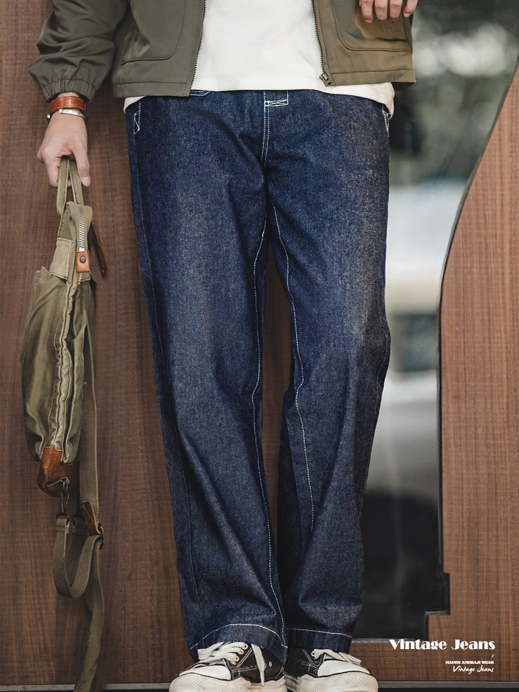 8.8OZ color combination stitch wide denim pants