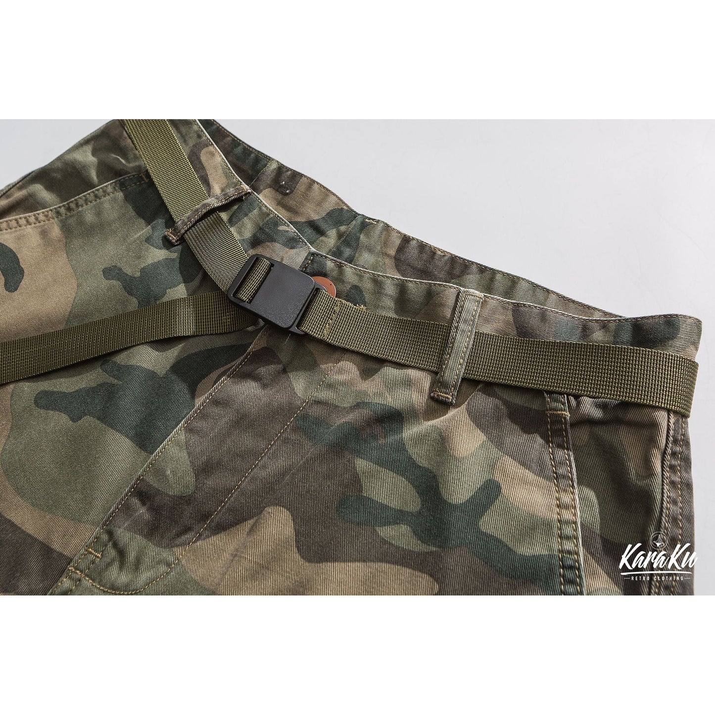 Camouflage military shorts with belt