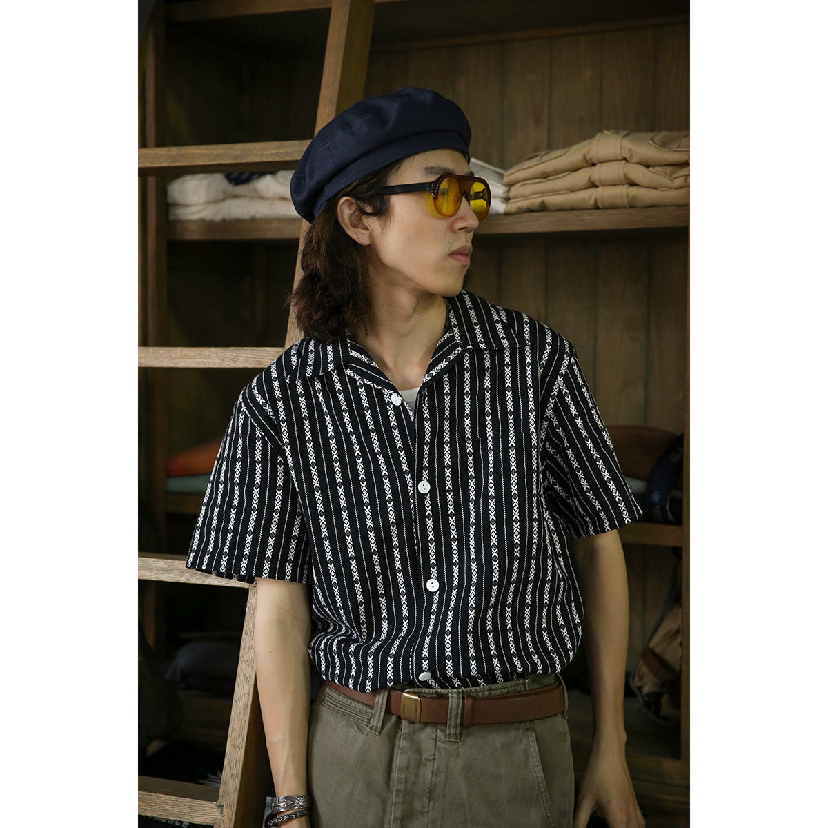 Cuban-collar yarn-dyed jacquard shirt