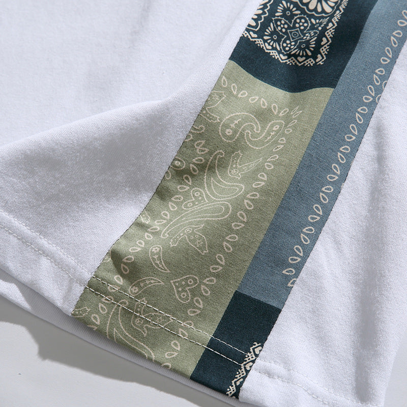 不規則ペイズリー柄切替 民族調Tシャツ