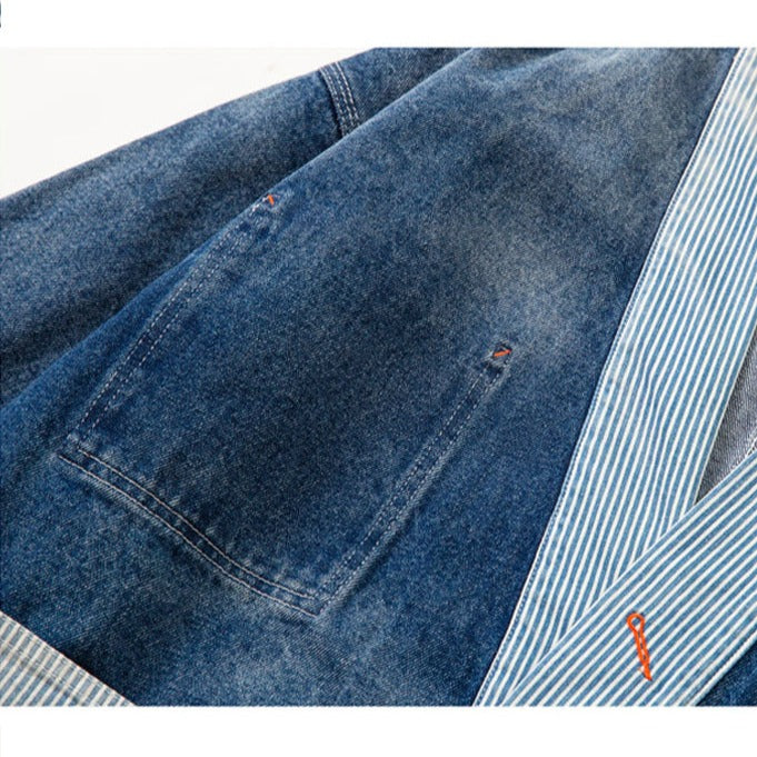 Color scheme switching stripe no-collar denim jacket