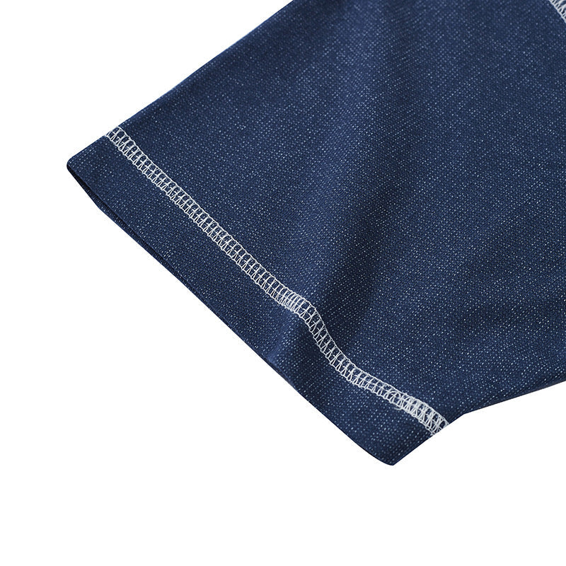 Denim knit henley neck short-sleeved T-shirt