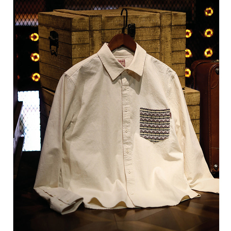 Ethnic Pattern Pocket Kibata Material Washed Shirt