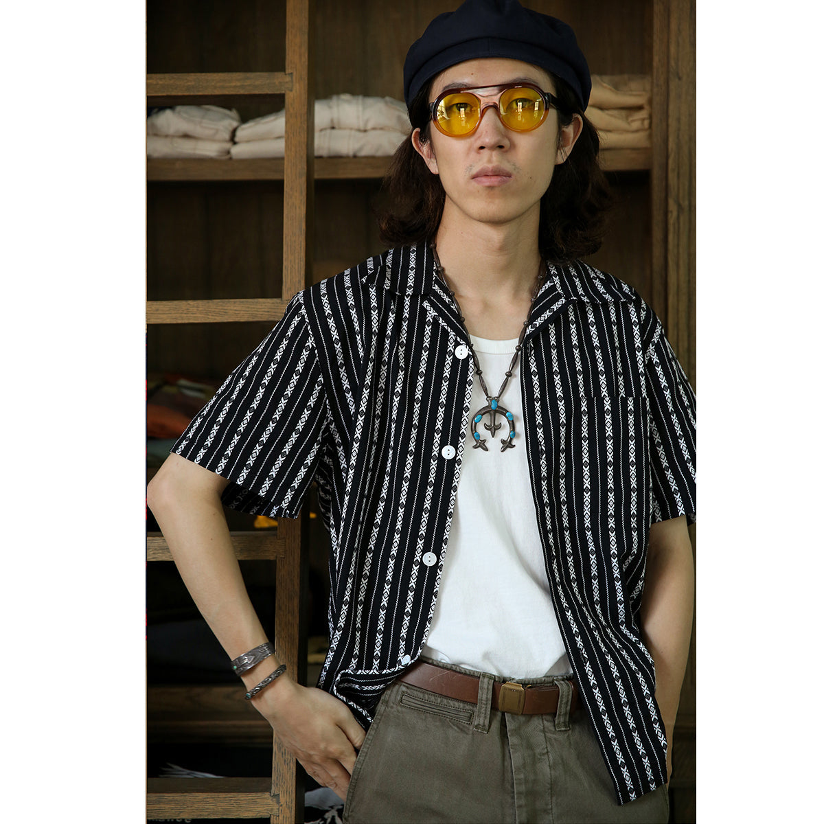 Cuban-collar yarn-dyed jacquard shirt