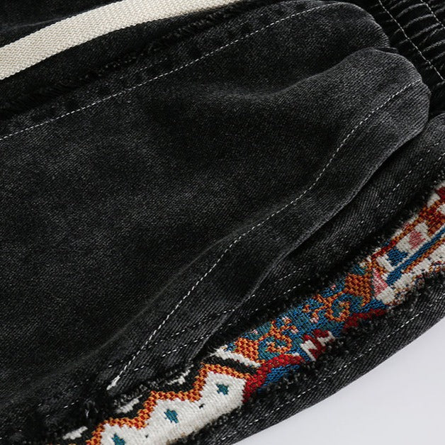 Ethnic jacquard patchwork denim shorts