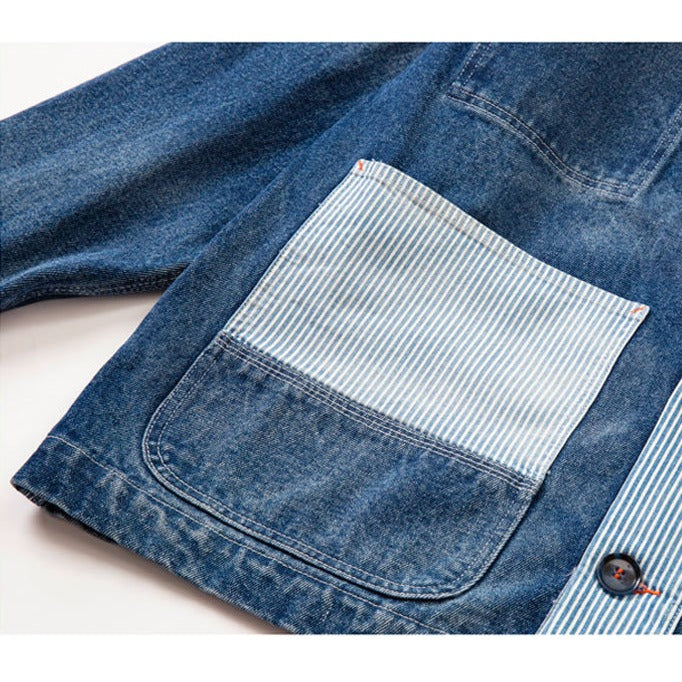 Color scheme switching stripe no-collar denim jacket
