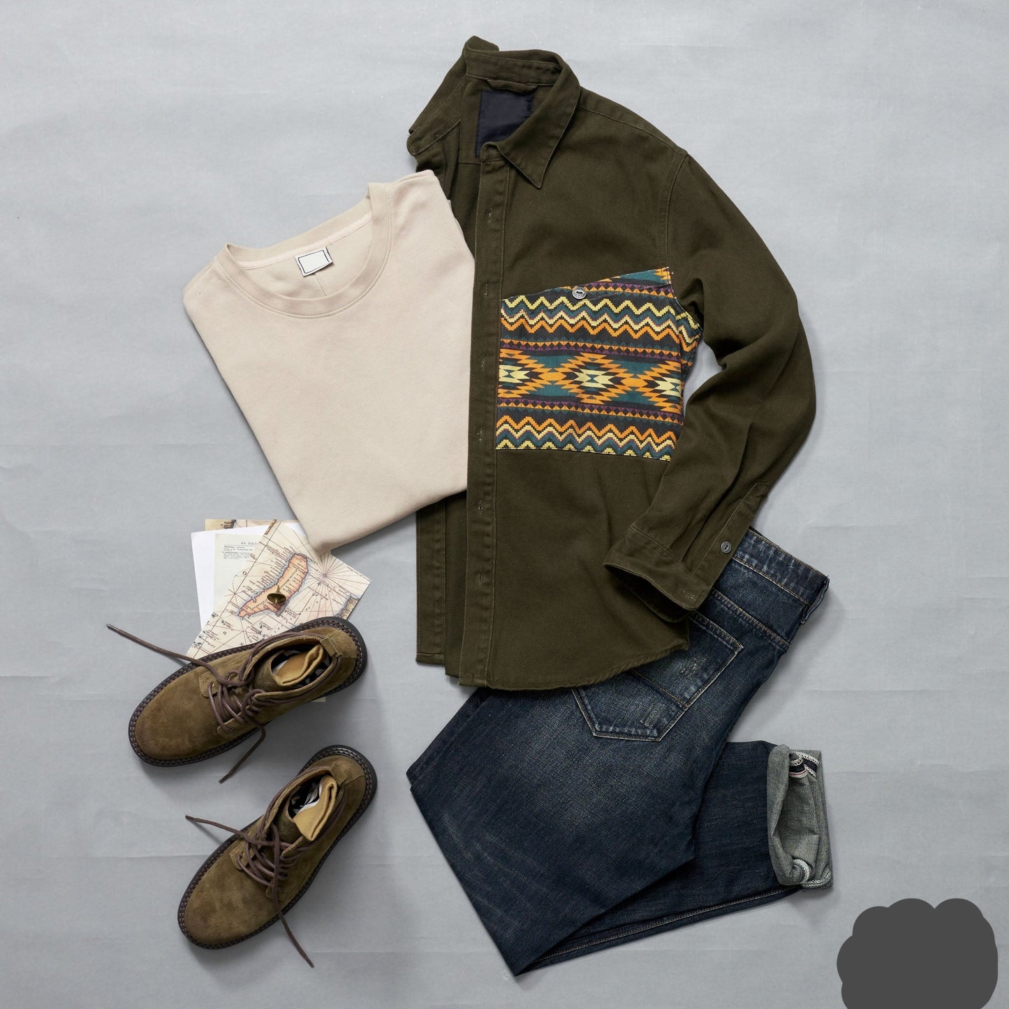 Twill shirt jacket with American Indian totem pocket