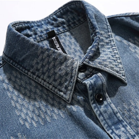 Boro-style jacquard yarn-dyed denim work shirt
