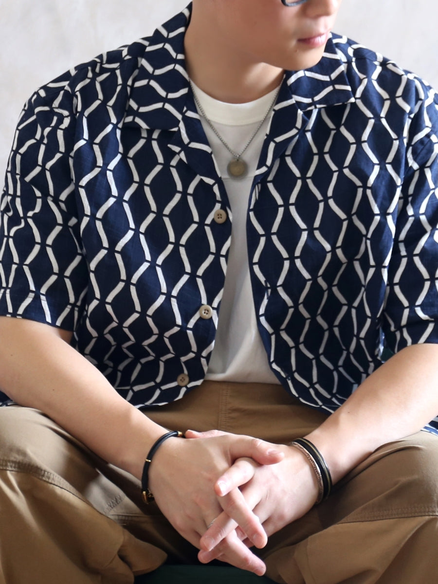 Indigo Dyed Cotton Linen Geometric Aloha Shirt