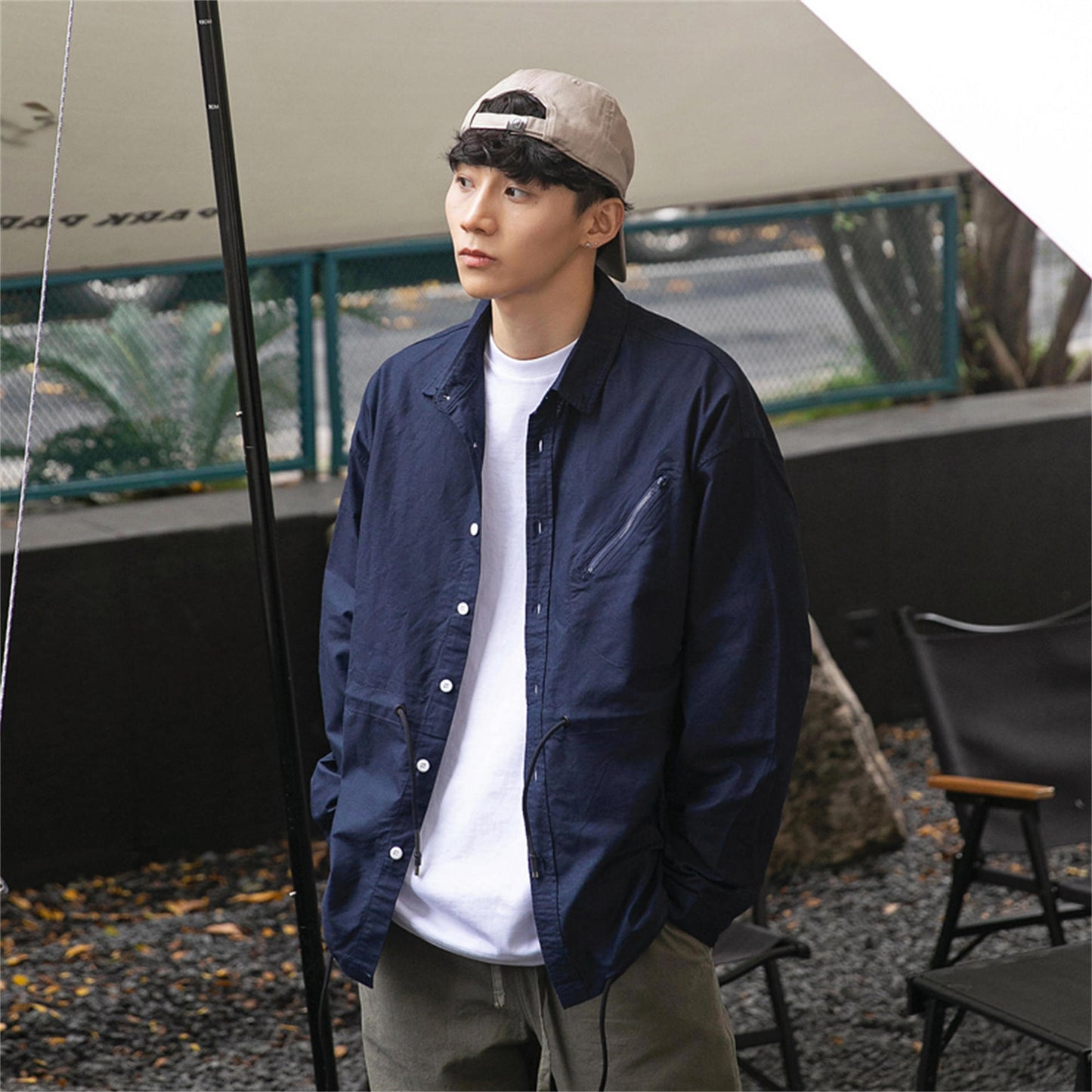 Drawstring lapel collar work shirt