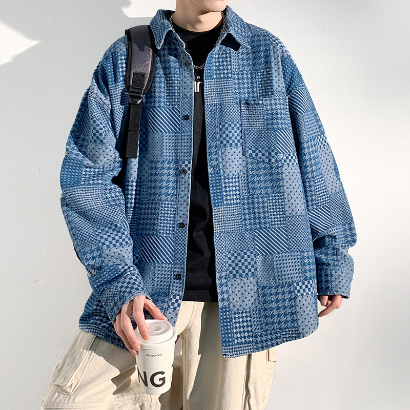 Boro-style jacquard yarn-dyed long-sleeve check pattern denim work shirt