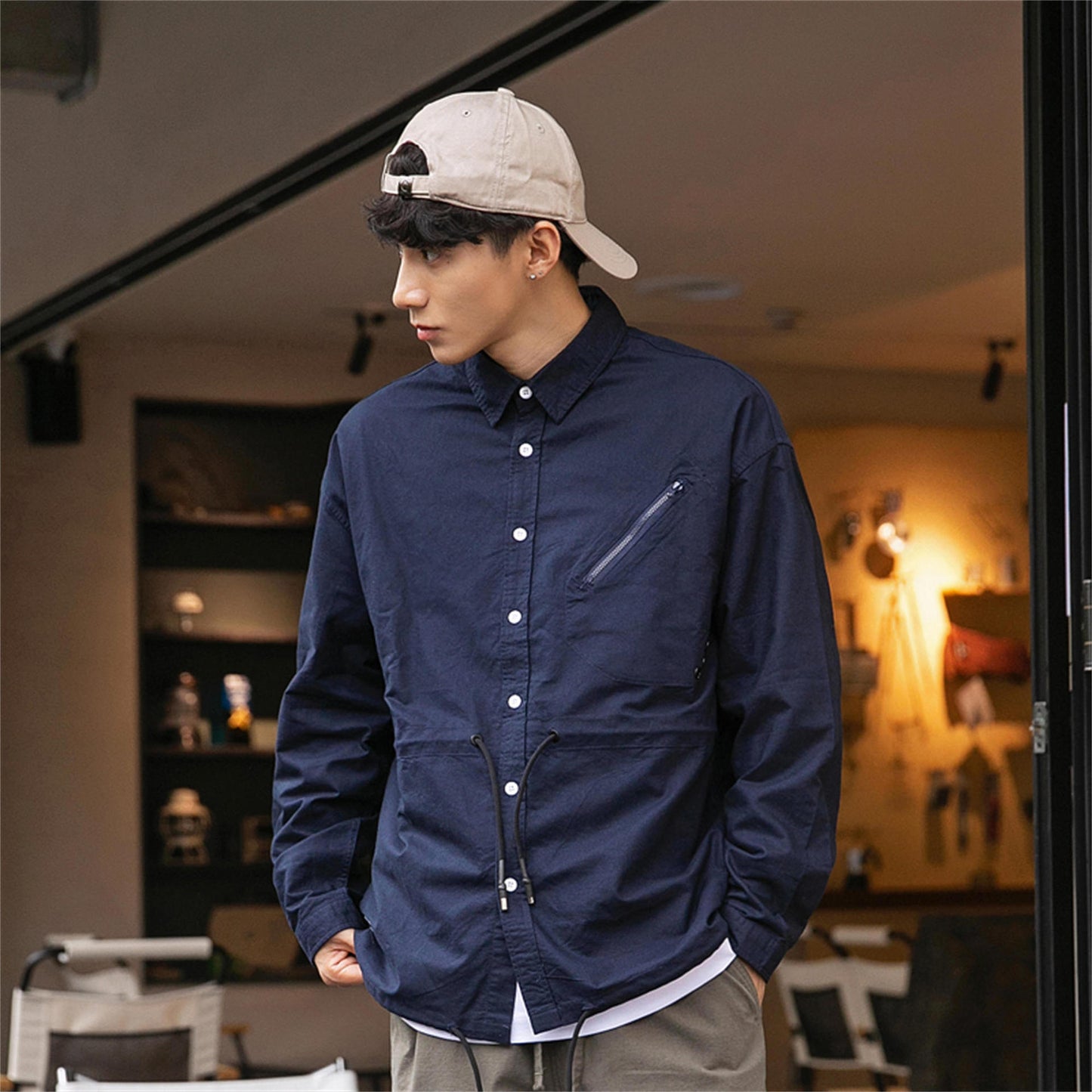 Drawstring lapel collar work shirt