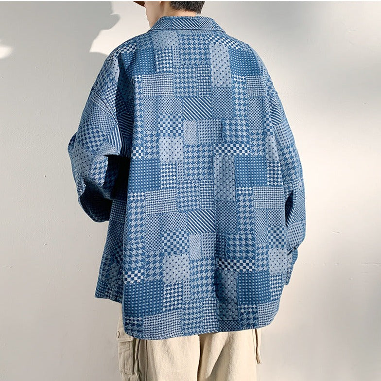 Boro-style jacquard yarn-dyed long-sleeve check pattern denim work shirt
